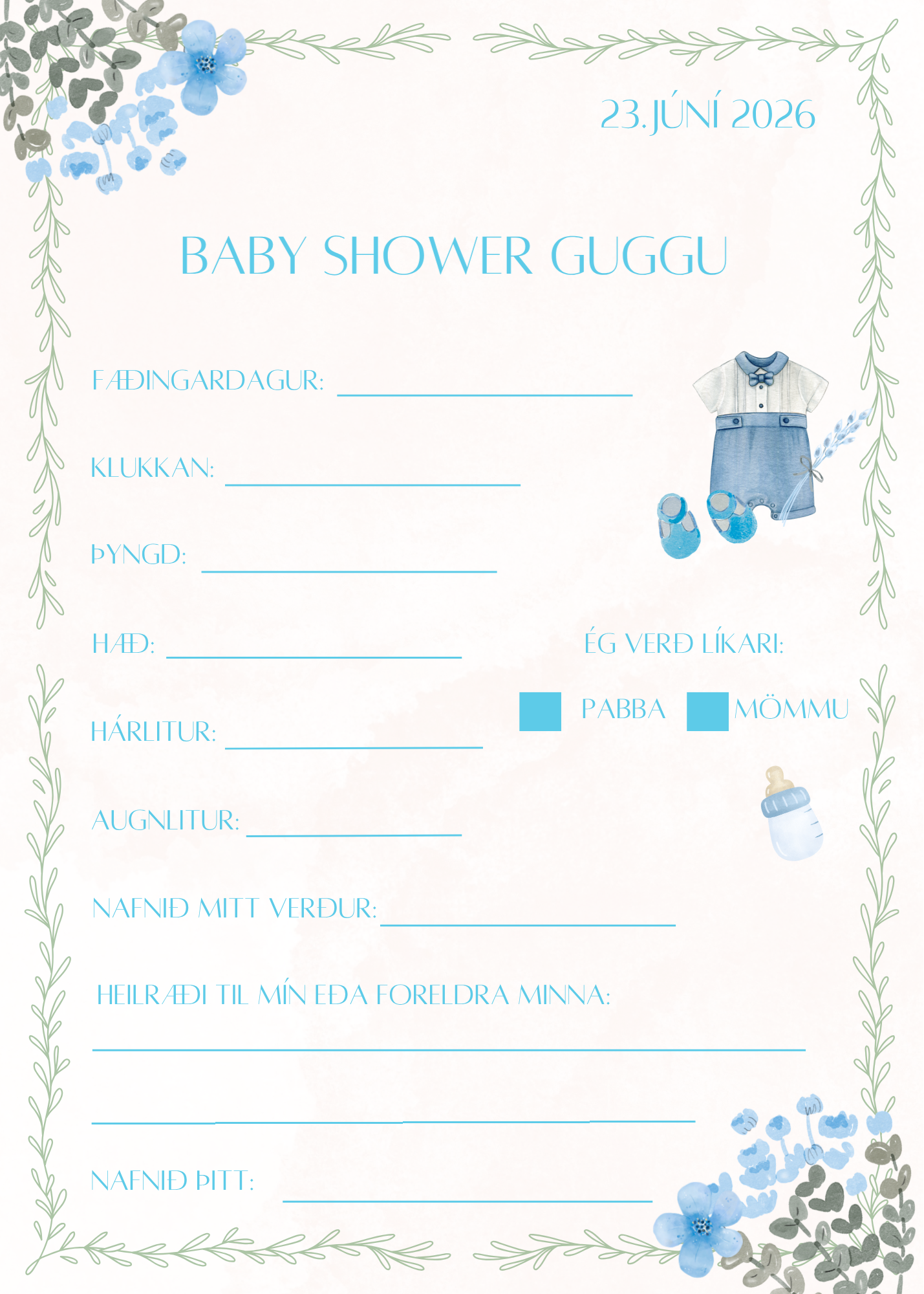 Babyshower spá og heilræði (blátt) - rafrænt skjal sem þú aðlagar að þínu babyshoweri ♡