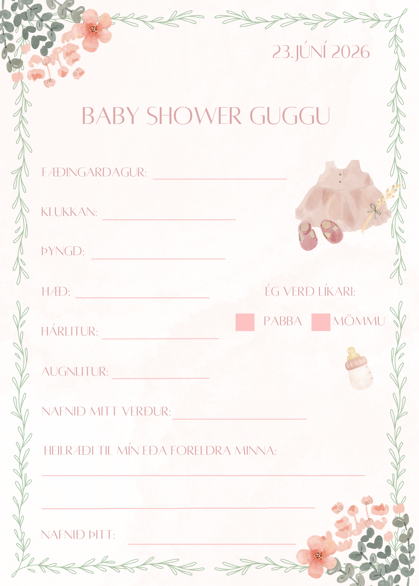 Babyshower spá og heilræði (bleikt) - rafrænt skjal sem þú aðlagar að þínu babyshoweri ♡