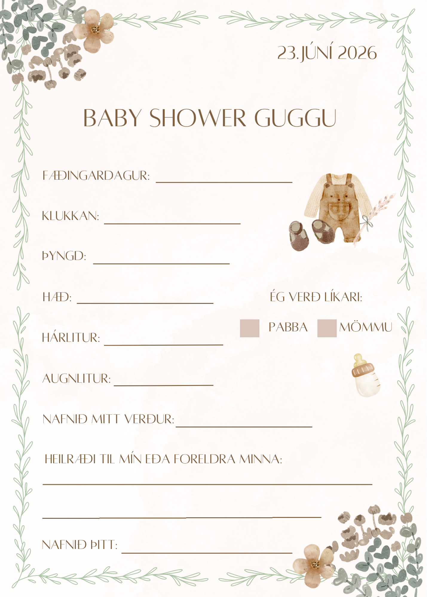 Babyshower spá og heilræði (brúnt) - rafrænt skjal sem þú aðlagar að þínu babyshoweri ♡