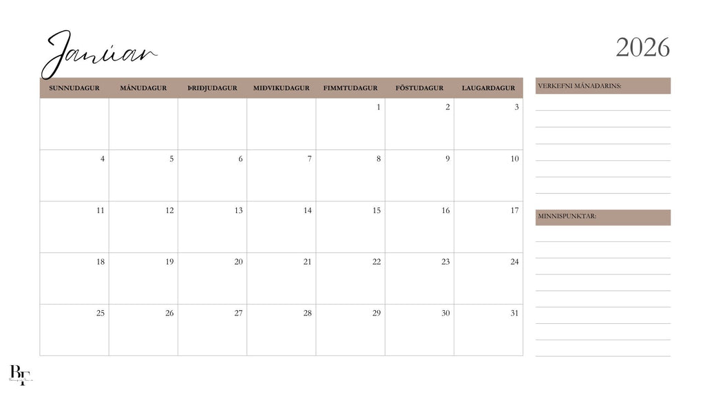 Dagatal 2026 - Tilbúið til útprentunar