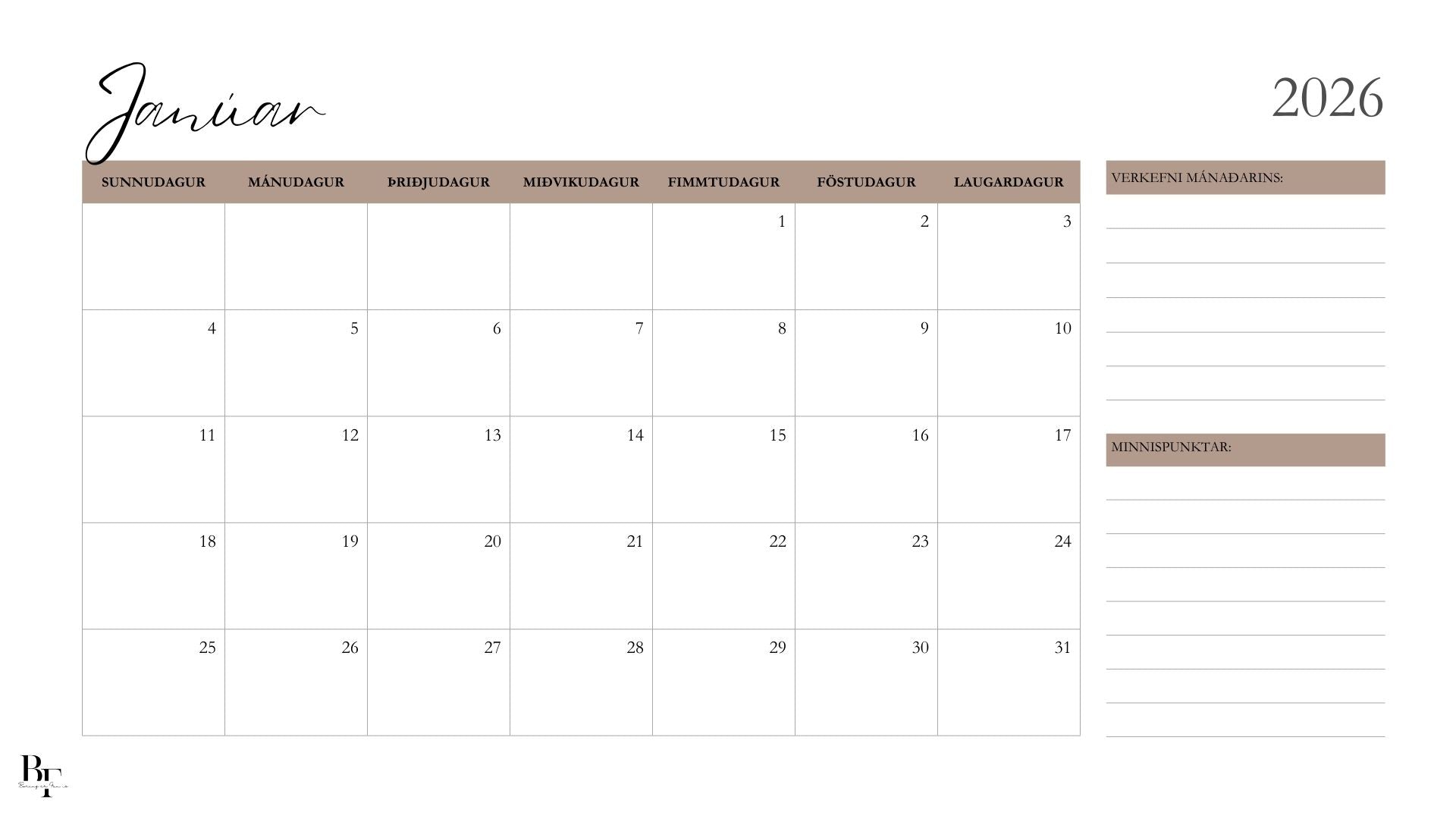 Dagatal 2026 - Tilbúið til útprentunar