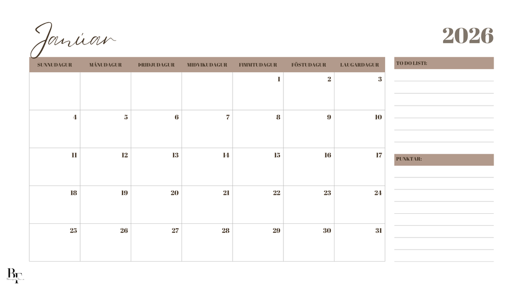 Dagatal 2026 - Rafrænt tilbúið til útprentunar