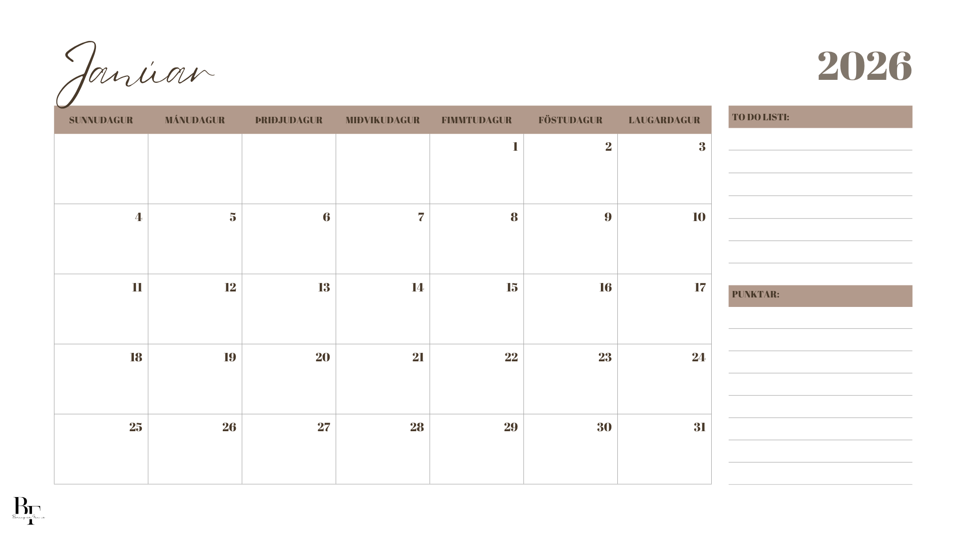 Dagatal 2026 - Rafrænt tilbúið til útprentunar