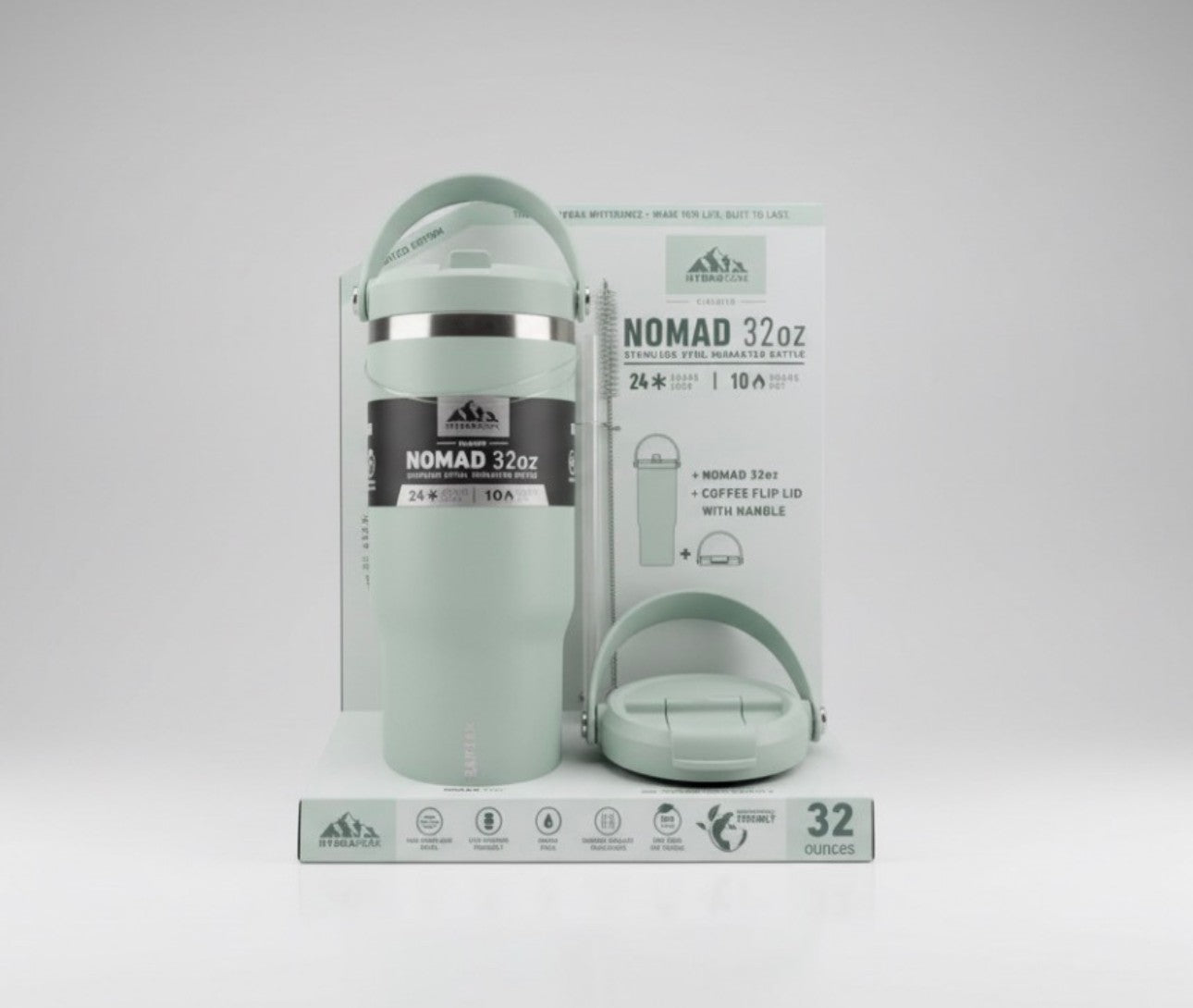 Boringerfun.is Hydrapeak Nomad 946ml sage green stainless steel insulated water bottle with straw and coffee lid